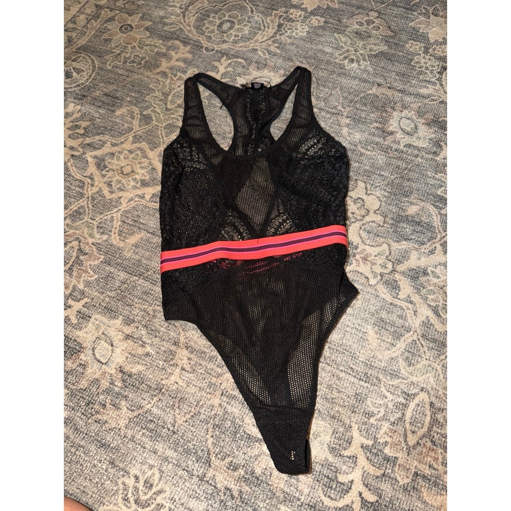 Victoria's Secret Lace Bodysuit Black Pink Stripe